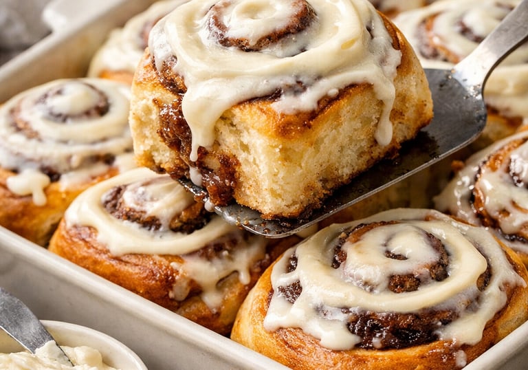 Freshly baked homemade cinnamon rolls with cream cheese frosting being served from a baking dish.