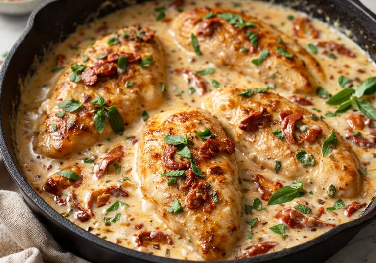 Creamy Tuscan chicken recipe with sun-dried tomatoes and fresh basil in a cast iron skillet.