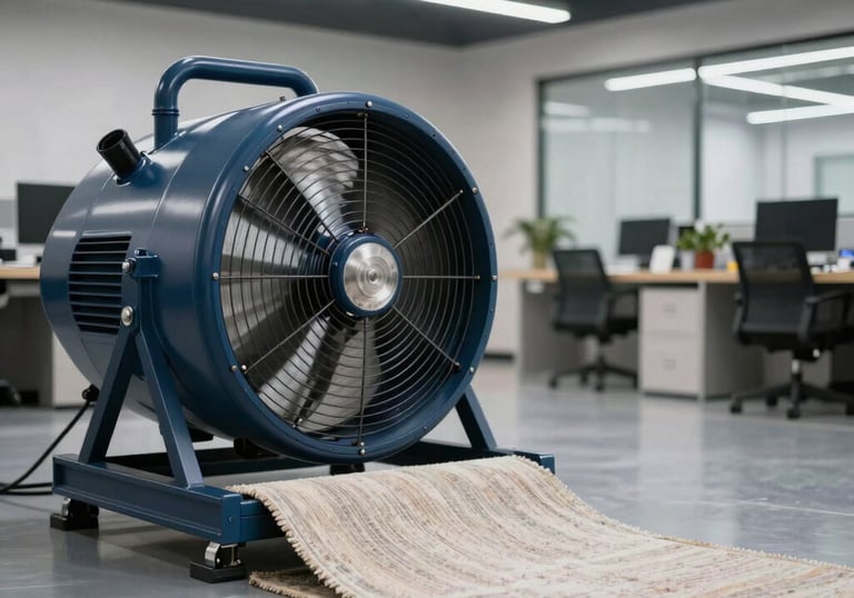 High-velocity industrial air mover fans drying a large carpet in a spacious North American office building. Professional setup in dark blue.