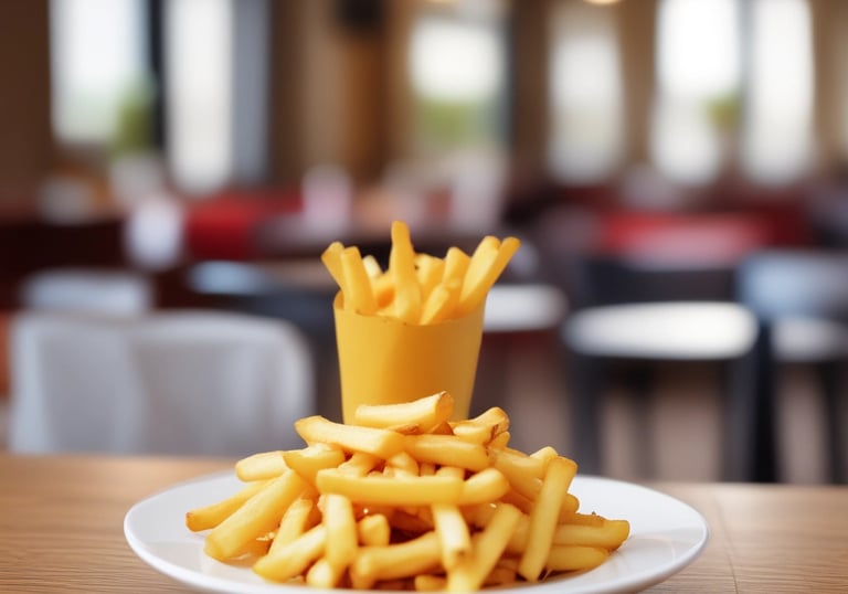Golden crispy fries in a branded Spacebite container with a blurred background of the restaurant.