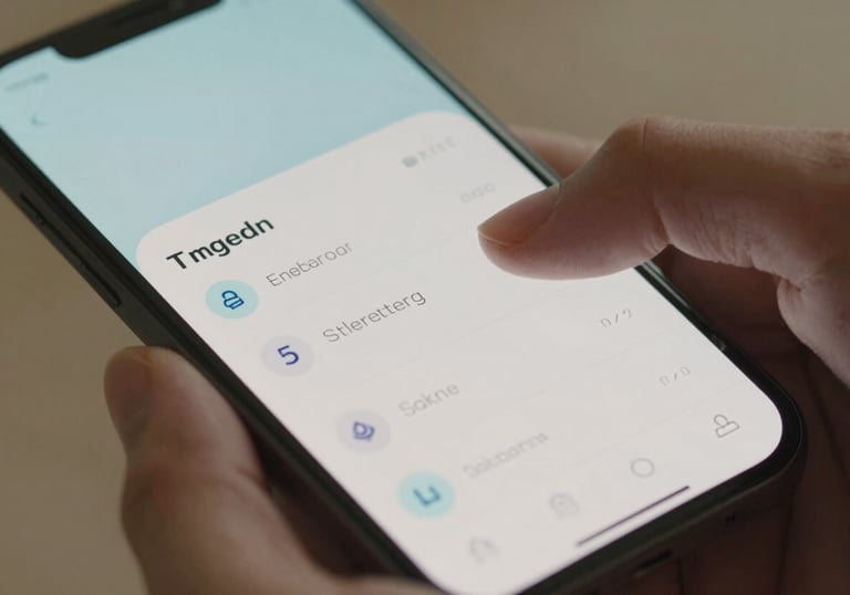 Close-up shot focusing on fingers swiping through a beautifully designed, modern productivity app interface on a smartphone. Global / English-speaking setting. Light blue and off-white theme.