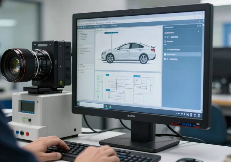 A focused shot of state-of-the-art computer diagnostic equipment inside a North American repair facility. The screen shows technical car schematics against a clean, steel blue background.