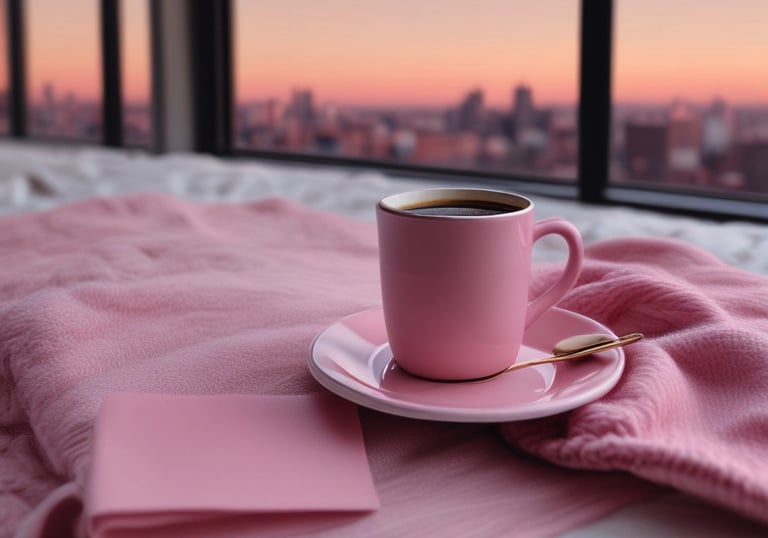 Soft focus shot of a hand holding a cup of herbal tea wrapped in a cozy blush knit sweater.
