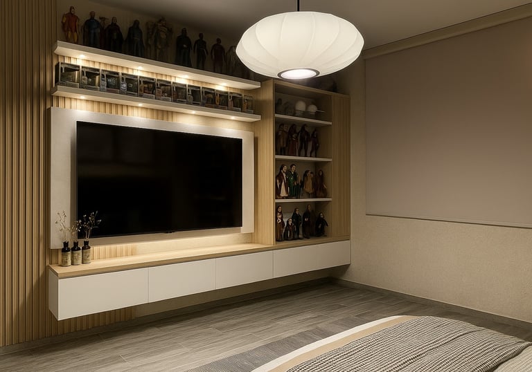 Modern entertainment center with a wall-mounted TV, built-in shelving, and action figure collectibles display.