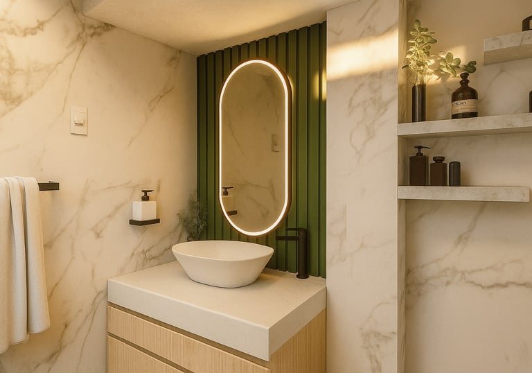 Modern bathroom vanity with marble walls, oval backlit mirror, and green wood paneling.