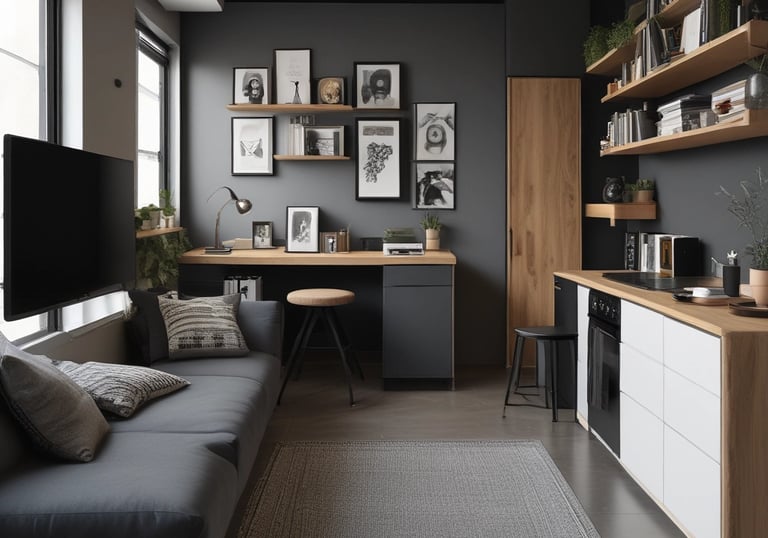 Modern small studio apartment interior with optimized layout and soft pink accents.