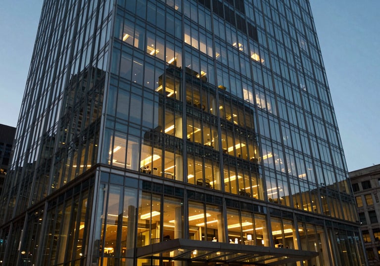 Exterior of a modern glass office building in a major North American / US city at dusk, Soft Azure sky and warm interior lights.