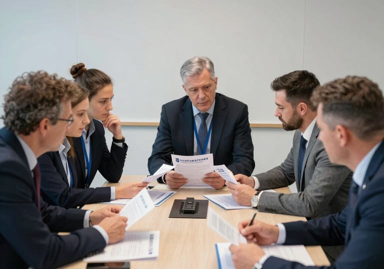 A group of professional sports administrators and coaches in a clean, modern conference room in Slovenia, collaborating on child protection manuals.