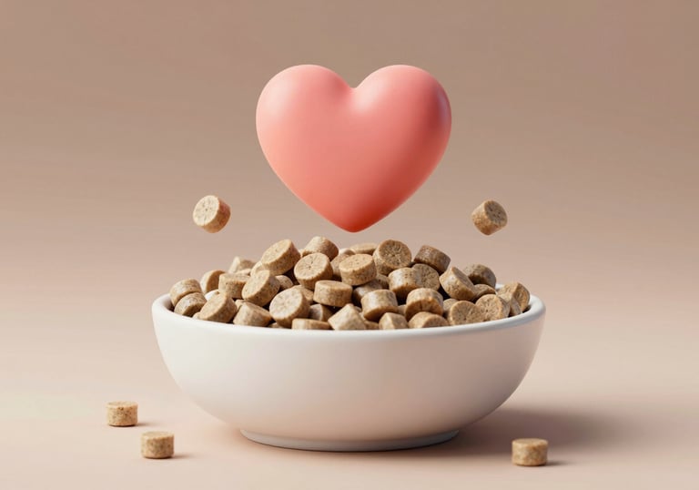 A 3D render of a bowl filled with nutritious food pellets, with a stylized 3D heart icon floating above it. The scene uses #4F6C5B and #F8F9F3 to signify healthy and clean feeding practices.