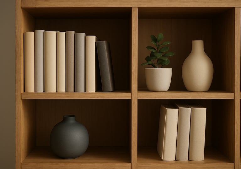 A clean and organized bookshelf in a Central European study room. It includes psychology books, a small green plant, and ceramic decorative elements in cream and slate grey colors.