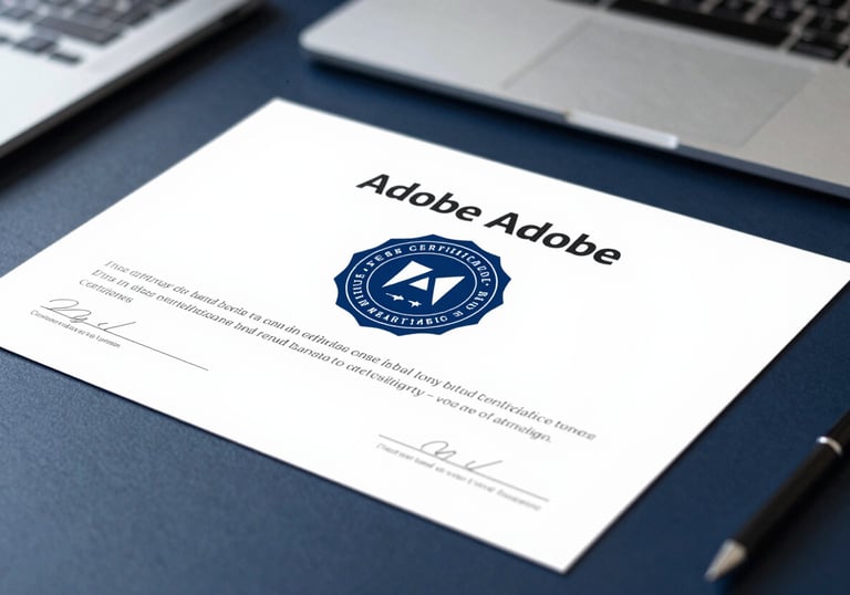 Close up of an official Adobe certification seal on a high-quality certificate, resting on a dark navy desk (#1F3F6B) with professional equipment in the background.
