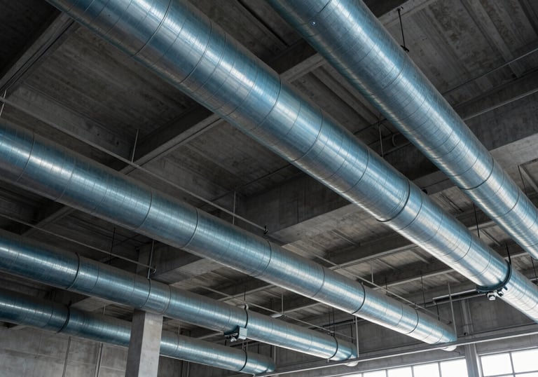 An interior architectural shot of a massive terminal project, focusing on the high-ceiling steel duct integration in muted steel blue.
