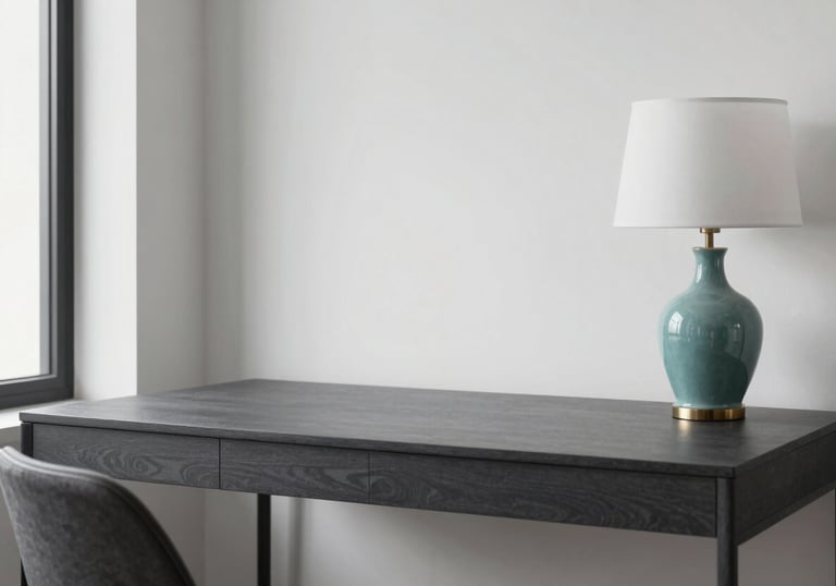 A minimalist, organized home office in a US apartment with a charcoal gray desk, a teal ceramic lamp, and clean white walls, professional design.
