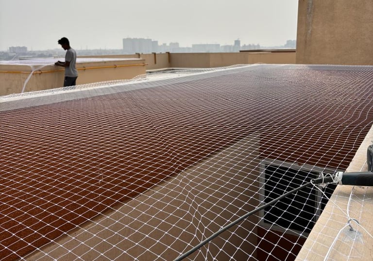 Close-up of bird spikes installed along a window ledge with cityscape backdrop.