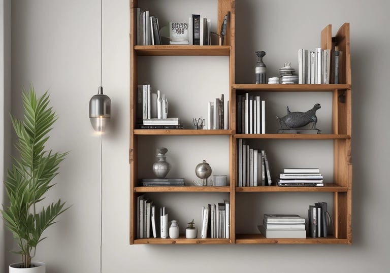 Handyman assembling a wooden bookshelf in a bright living room.