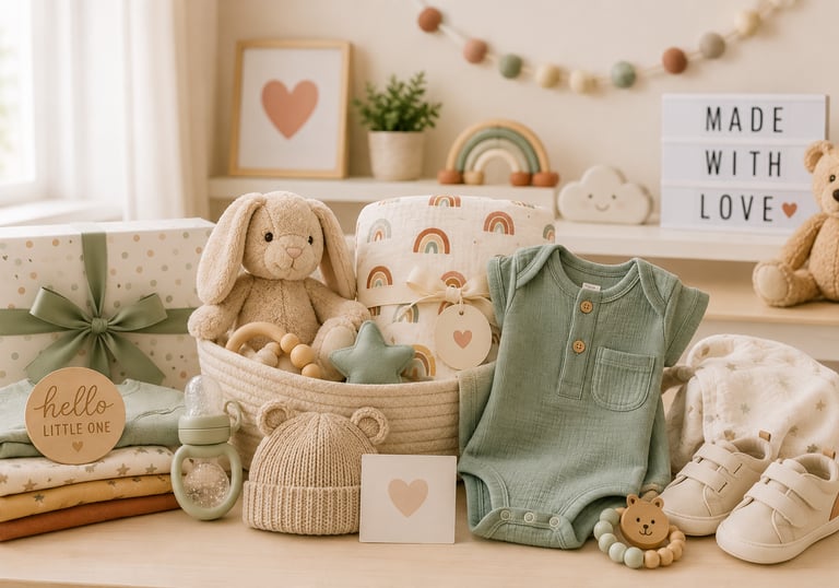 Neutral baby gift basket with a plush bunny, organic cotton clothes, and wooden toys in a nursery setting.