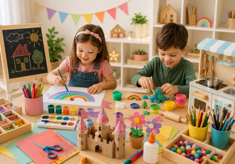 Young children enjoying creative arts and crafts activities in a bright, organized playroom.