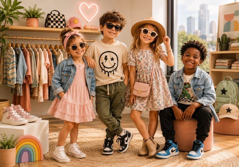 Diverse group of children wearing trendy kids fashion and sunglasses in a stylish clothing boutique.