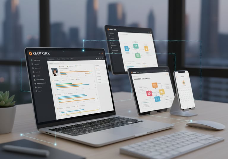 Digital workflow automation software displayed on a laptop, tablet, and smartphone in a modern office.