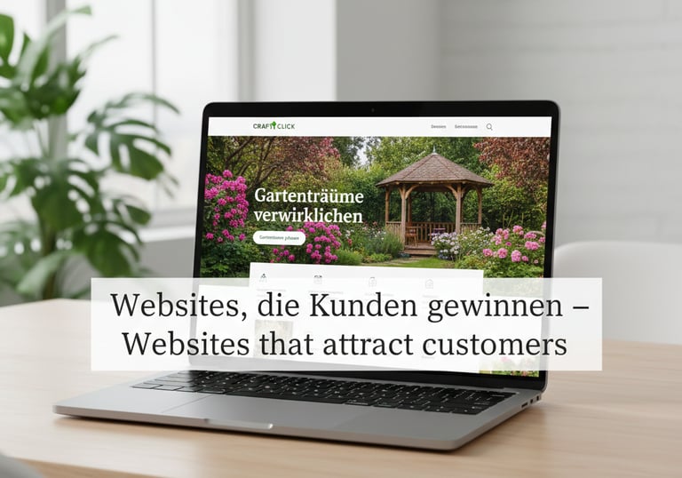 Laptop displaying a gardening website design on a wooden desk to attract new customers.