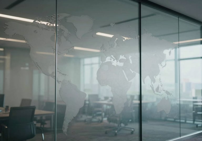 A glass wall in a modern office with a subtle world map graphic, symbolizing international business connectivity.