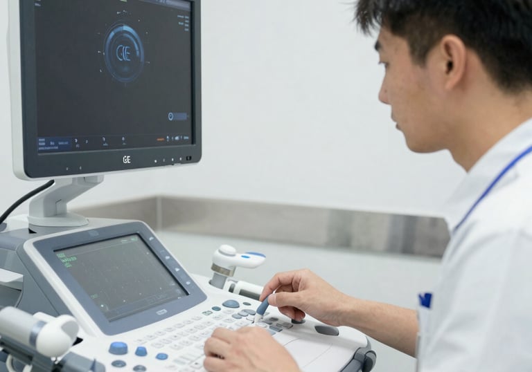 Detailed catalog page showing ultrasound transducers and accessories with descriptions.