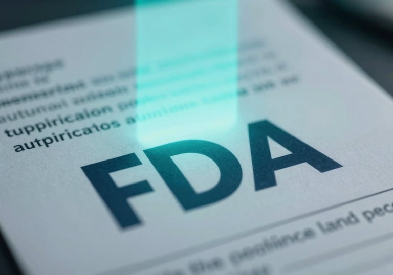 An abstract representation of an FDA document being generated by teal light beams, symbolizing automated compliance and clinical authority.