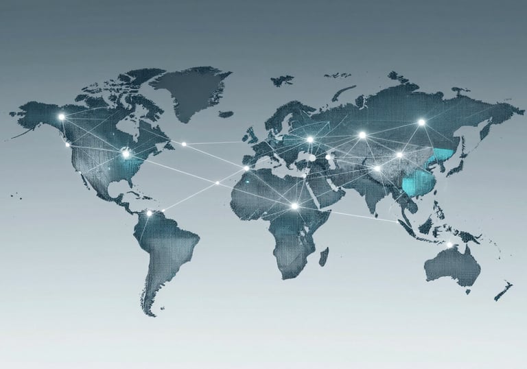 An abstract visualization of a digital supply chain network over a globe, representing global resource integration. Modern and tech-focused, using #3C6B6D and #9FBDBA colors.