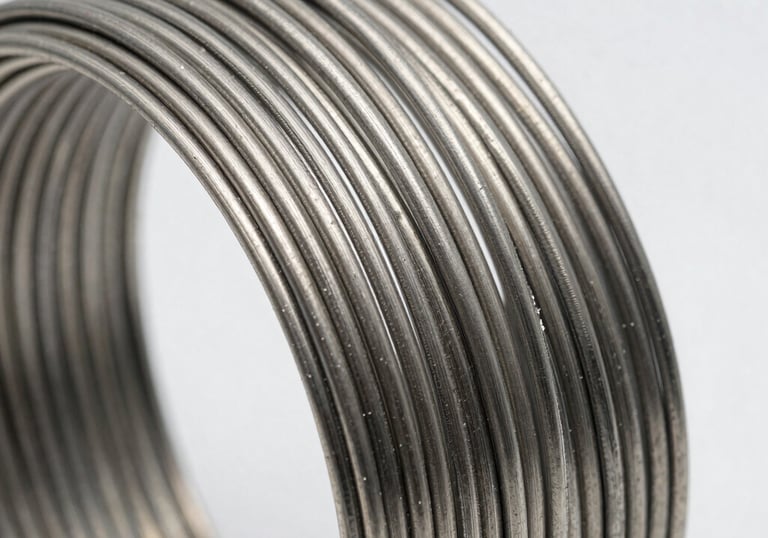 Detailed close-up of coiled stainless steel wire glinting with sharp reflections.