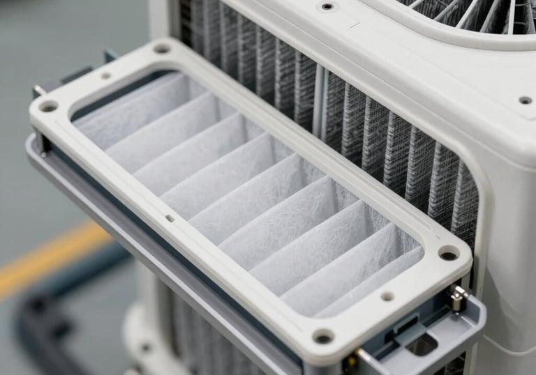 Macro shot of a clean, high-efficiency air filter being slid into a modern HVAC system, focusing on technical precision and cleanliness in a North American setting.