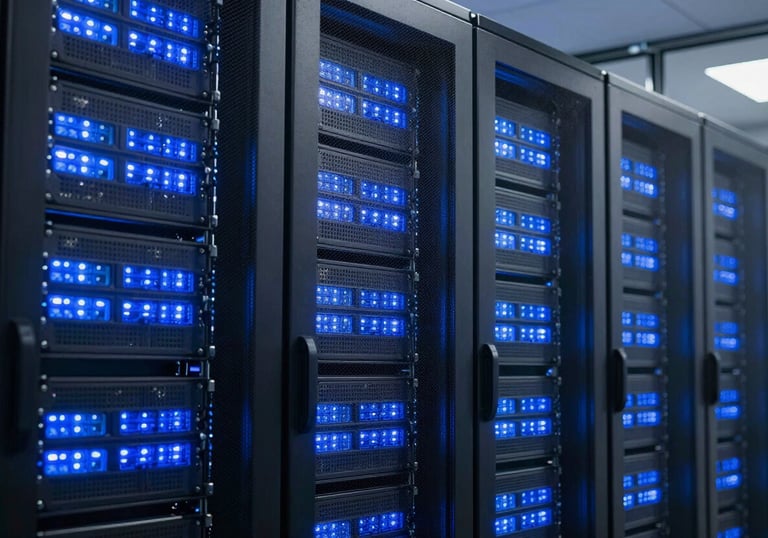 A high-tech North American / US server room with glowing Steel Blue lights, conveying data security, modern innovation, and performance.