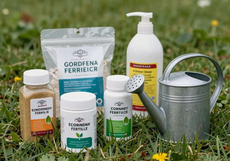 A collection of eco-friendly gardening fertilizers and a watering can on grass, Europeu / Britânico