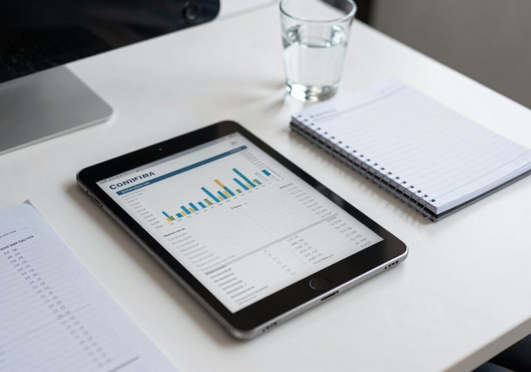 A high-angle view of a clean, organised workspace featuring a financial tablet, a notepad, and a glass of water in a bright, professional British office.