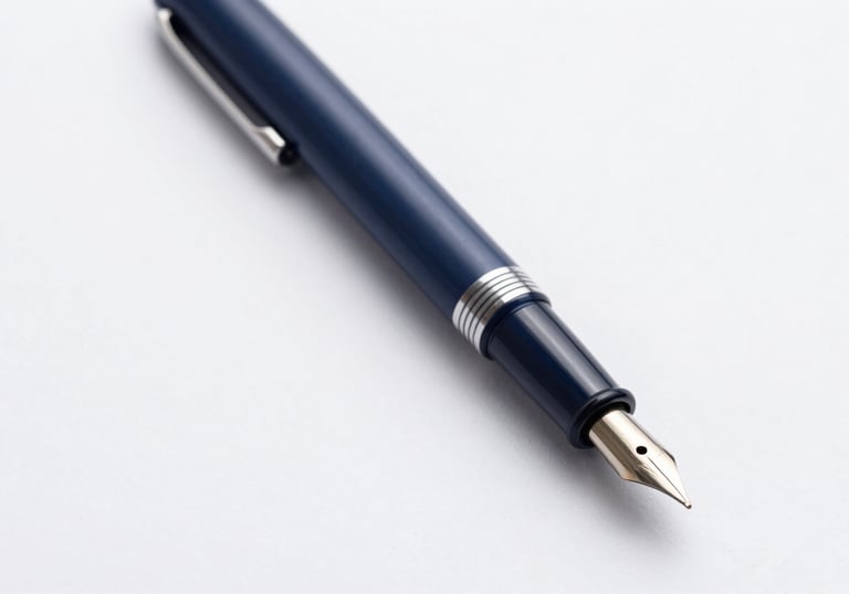 Close-up of a professional fountain pen resting on a clean white surface with sharp focus. Colors: #1E3A4D, #F5F8FA.
