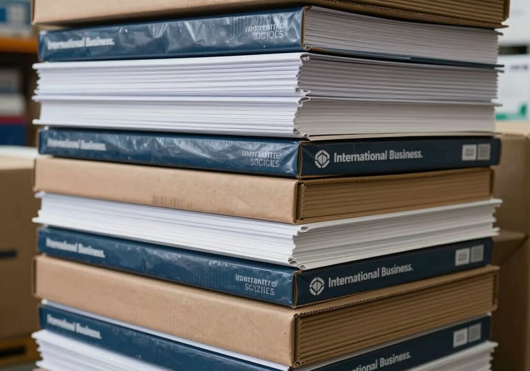 A stack of premium office supplies and packaging materials organized in a distribution center, International Business.