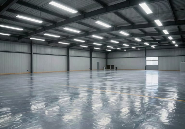 A sharp, clear photograph of a polished warehouse floor reflecting modern overhead LED lighting, showcasing superior industrial floor care results.