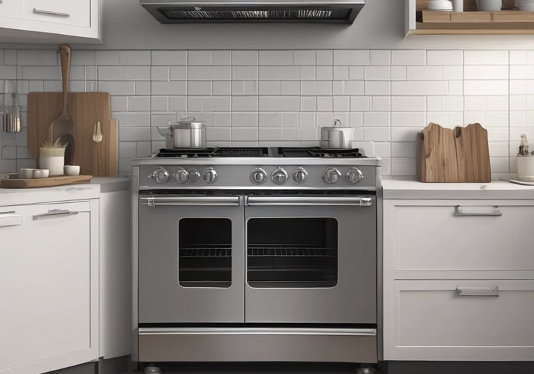 Bright, clean kitchen scene showing a refrigerator and stove with tools ready for repair.