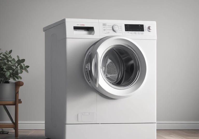 High-quality photo of a modern kitchen with a washing machine being repaired by a technician.