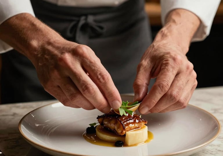 A detailed shot of a chef's hands masterfully garnishing a gourmet dish in a sophisticated Southern European restaurant. Lighting is warm and atmospheric, palette of tan and charcoal.