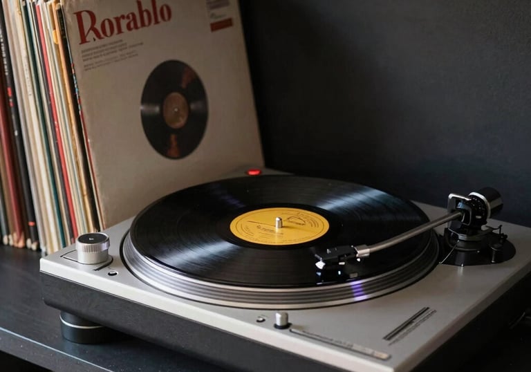 A collection of classic vinyl records and a high-end turntable on a charcoal-colored shelf. The aesthetic is authentic and professional, reflecting a deep passion for good music.
