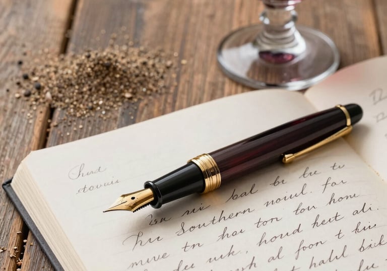 A close-up photograph of a vintage fountain pen resting on a handwritten manuscript, next to a glass of dark red wine on a rustic wooden table, sand and charcoal tones, elegant Southern European style.