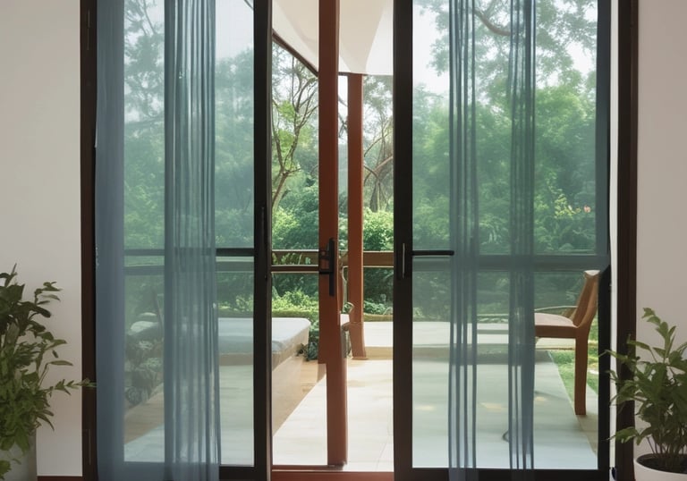 A completed mosquito net neatly installed on a balcony door with velcro strips in chennai