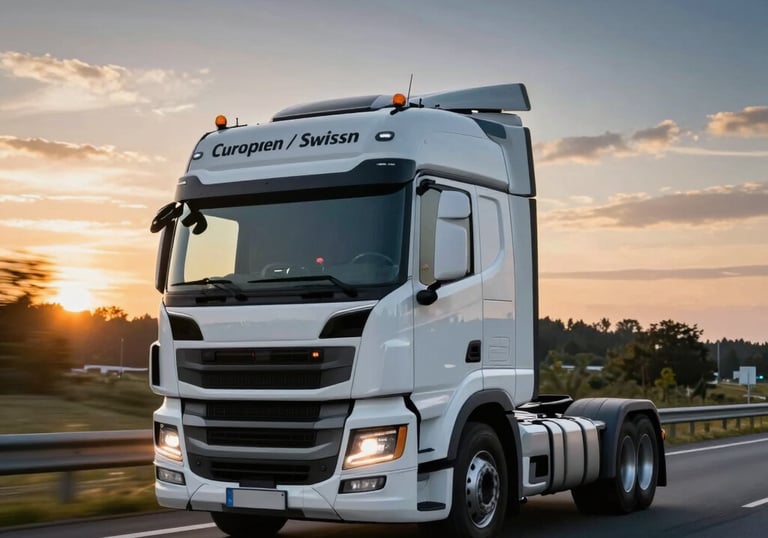 A sleek, white modern truck driving on a highway during a golden sunset, motion blur, representing speed and reliability, amber and dark blue colors. Central European / Swiss German.
