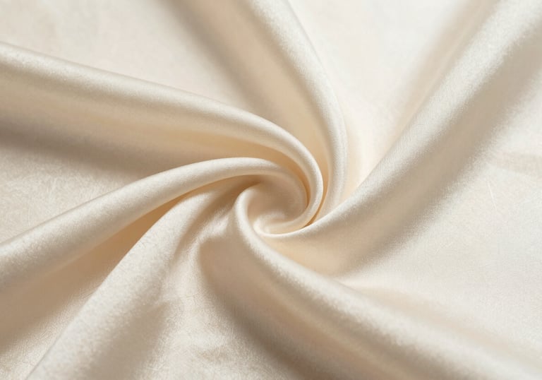 A close-up shot of shimmering soft cream silk fabric. The lighting emphasizes the delicate fibers and the premium, reflective quality of the material.