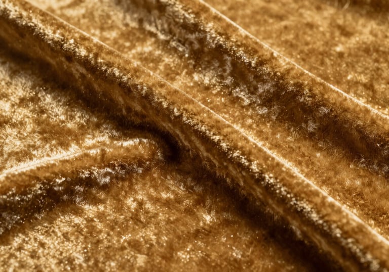 A close-up photograph of rich, deep classic gold velvet fabric. The texture is plush and thick, with elegant shadows created by gentle folds.