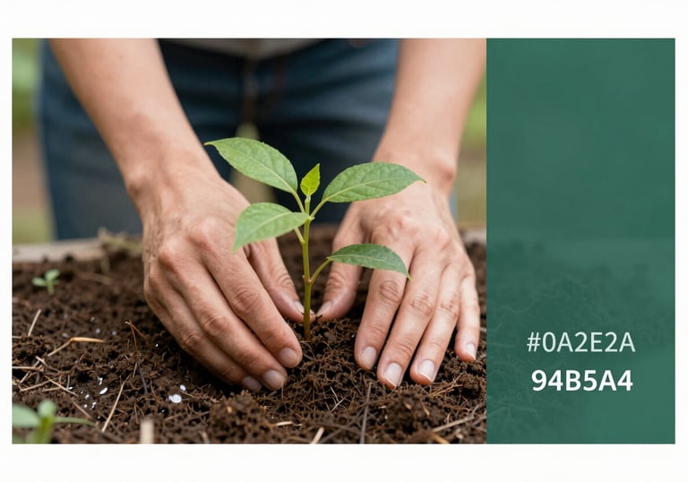 A pair of hands gently planting a sapling in rich, dark soil near a clean water source. Earthy and sustainable vibe incorporating brand colors #0A2E2A and #94B5A5.