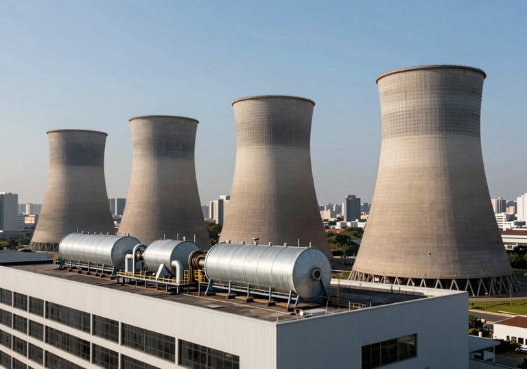 A sequence of modern industrial cooling towers on a commercial building roof in Brazil, emphasizing clean technology and urban integration, professional photography.