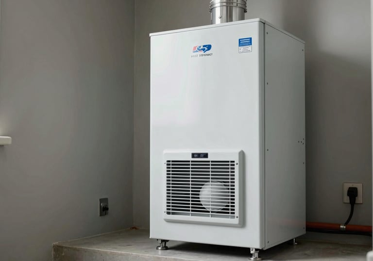 A brand new, energy-efficient furnace system installed in a North American / US utility room, clean lines, professional finish.