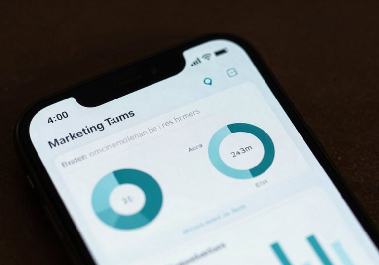 A high-end smartphone screen displaying a sophisticated marketing analytics dashboard with Muted Teal and Pale Sky Blue UI elements.