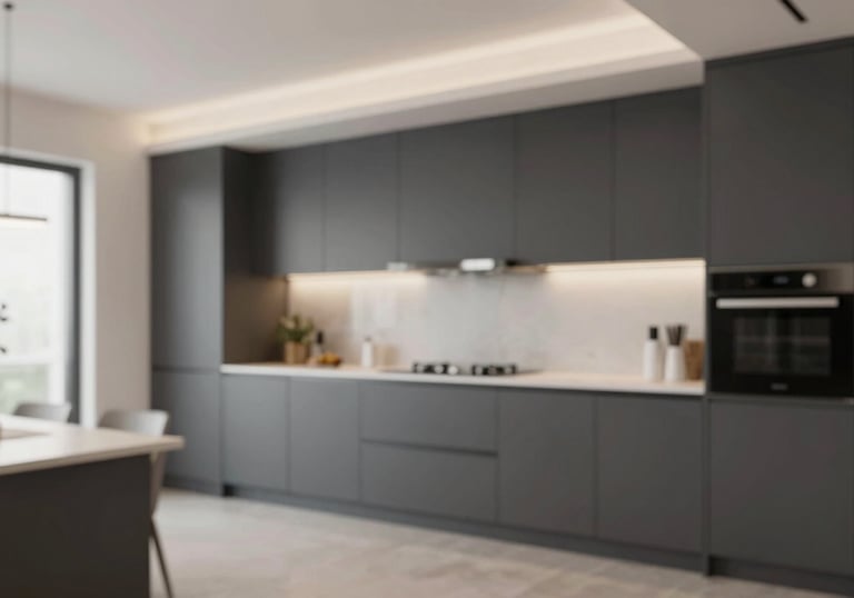 Modern kitchen interior after renovation, showcasing bespoke cabinetry in #26211E and elegant lighting, high-end feel.